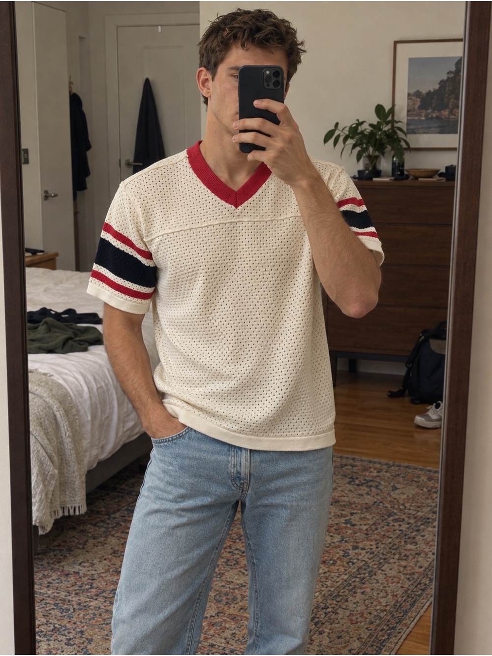 Cream Short-Sleeve Jersey Style V-Neck Knit Sweater Shirt w/ Red & Navy Stripes